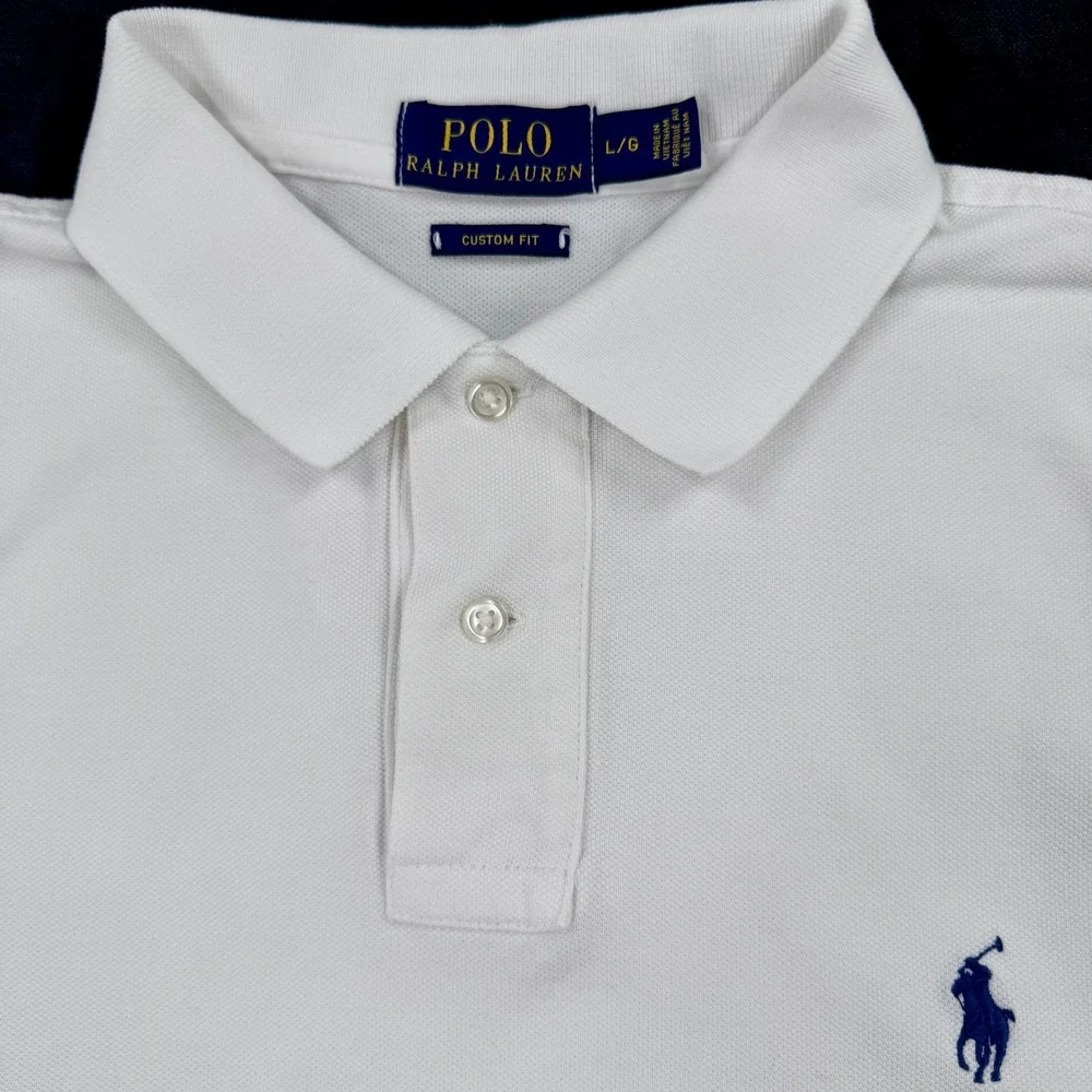 Polo Ralph Lauren Navy Pony Men L Crisp White Custom Fit Cotton Pique Polo Shirt